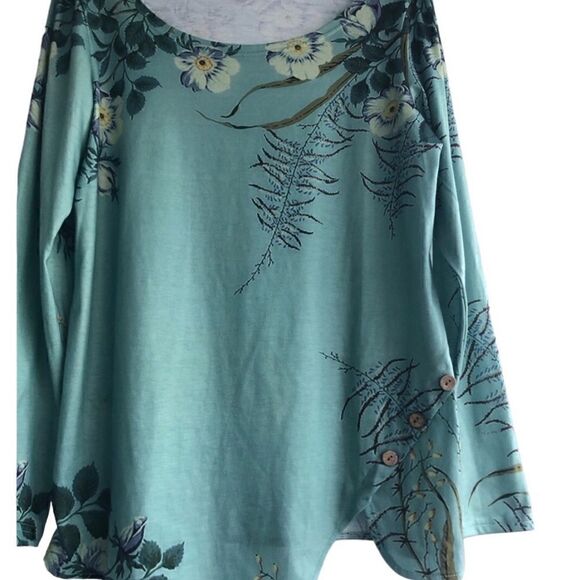 MISSLOOK Women’s Long Sleeves Stretchy Green Flowered Blouse Front Button Design - Picture 2 of 6